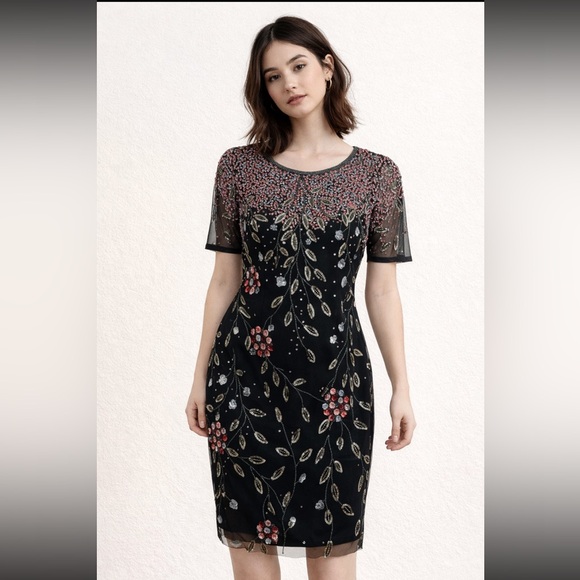 Adrianna Papell Dresses & Skirts - Adrianna Papell Black and Red Embellished short sleeves Midi Dress